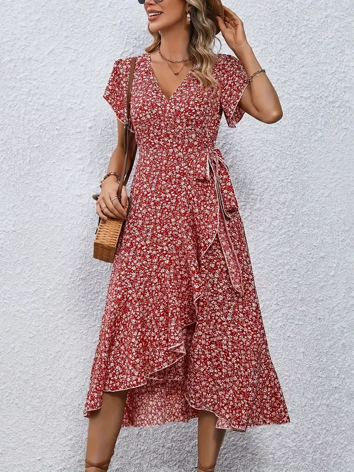 Robe d'été pour femmes, sexy, col en V, manches courtes, taille haute irrégulière, à lacets, imprimé floral, robes de plage décontractées