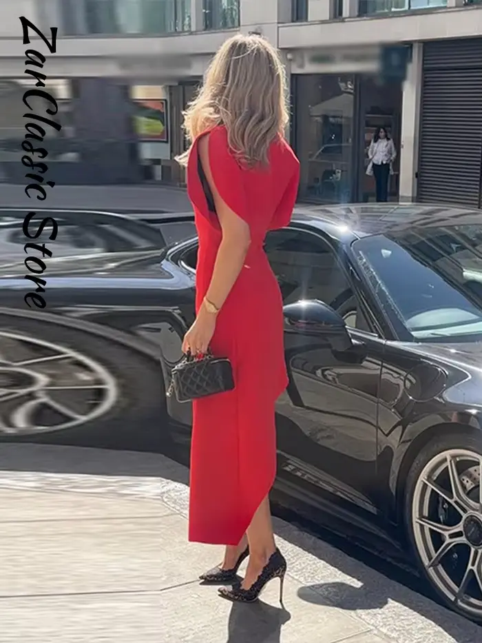 Nouvelle Robe d'été asymétrique rouge élégante à col rond