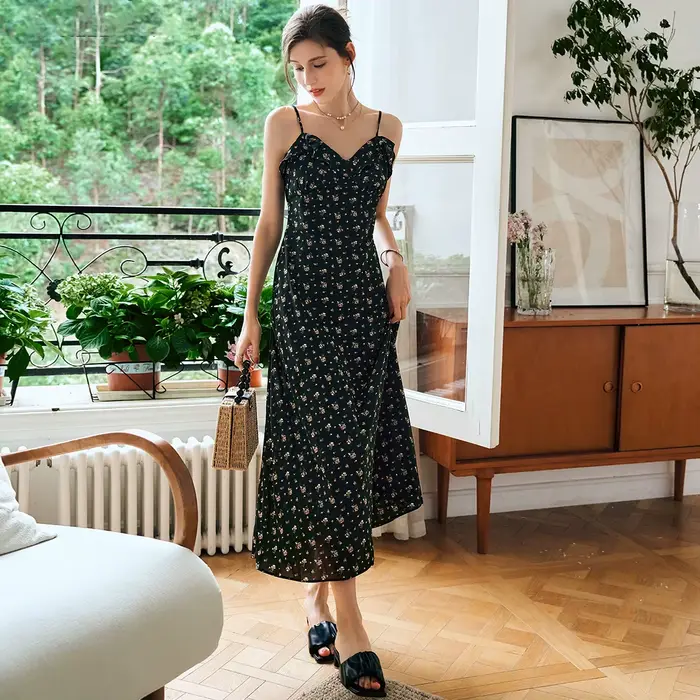 Robe d'été à volants OLrain pour femme 2026, robe à bretelles florale style français, robe longue en