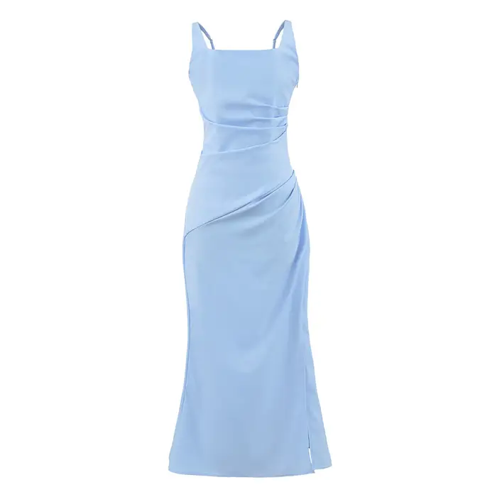 Robe longue élégante de style français avec fentes latérales et ceinture à la taille