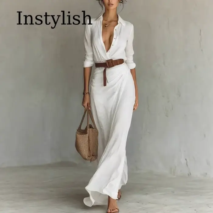 Robe longue kaki pour femme à col revers et manches longues