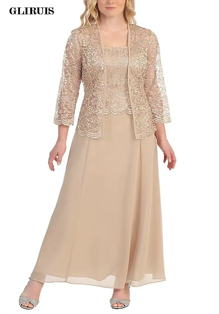 Robe de mère de la mariée en mousseline avec dentelle et veste élégante longueur cheville pour cérémonie de mariage