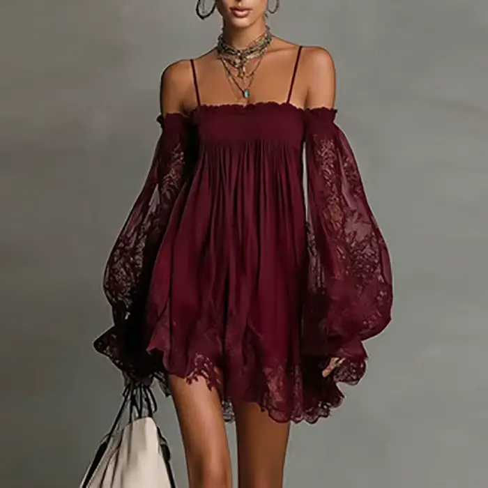 Robe bohème printemps femme élégante à épaules dénudées dentelle creuse manches bouffantes volants coupe trapèze mini robe décontractée pour fête et vacances d'été