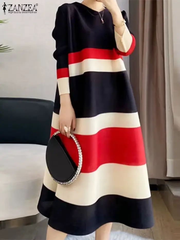 Robe mi-longue rayée ZANZEA décontractée pour femmes, col rond, polyester, style vintage et moderne, idéale pour fêtes de vacances et occasions quotidiennes