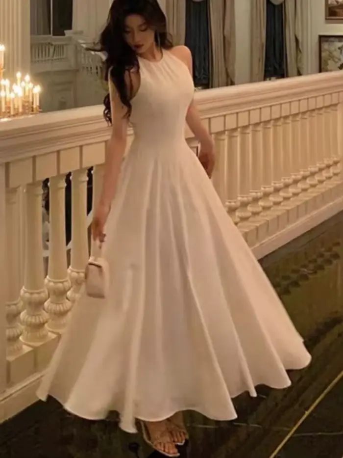 Robe longue soirée vintage femme col licou uni ligne a princesse mariage bal nouvelle collection printemps