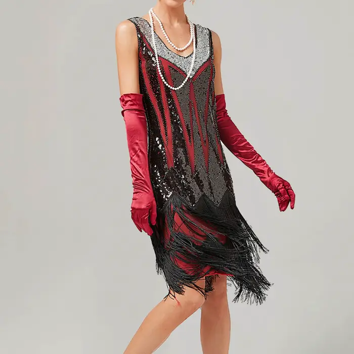 Robe évasée vintage à paillettes et franges pour femmes