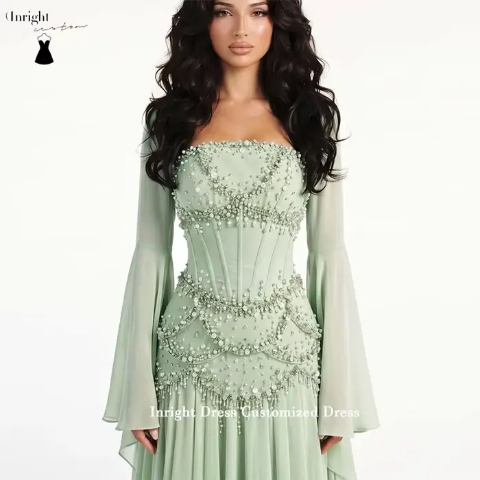 Robes de bal personnalisées Inright à manches longues, sans bretelles, longueur ras du sol, plissées, avec perles, robes de soirée, robes de fête formelles