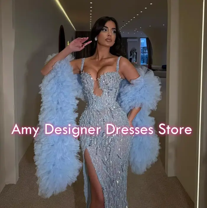 Robes de Soirée Bleues Élégantes 2026 – Robe Sirène Sans Manches Fendue à Paillettes pour Mariage et