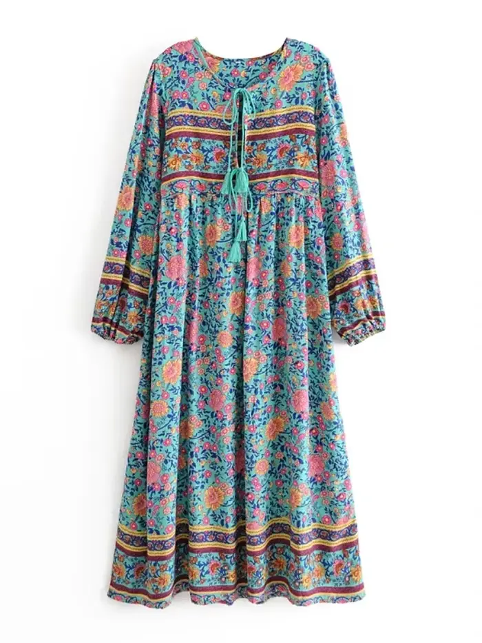 Robe Vintage Chic à Manches sulfpour Femme, Tenue Éducative Maxi, Style Bohème, Ethnique, Vert, Impr