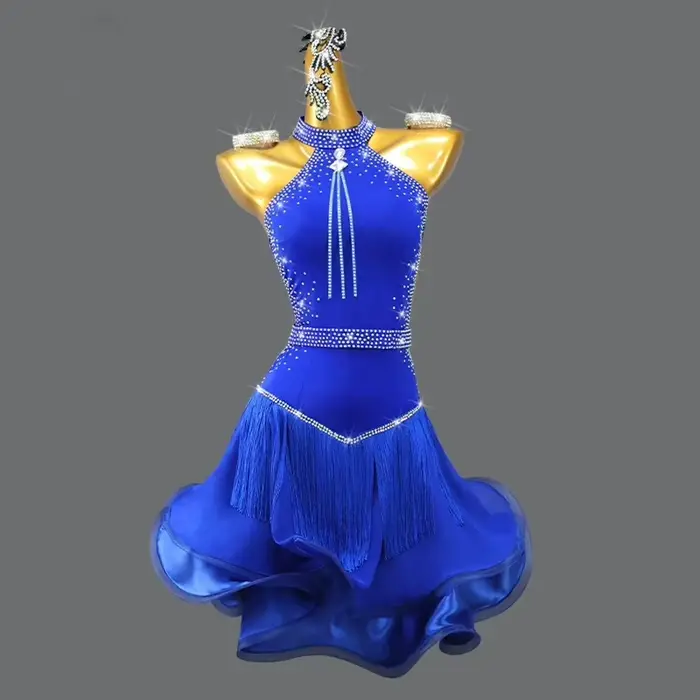 Nouvelle Robe de Danse Latine Bleue 2026 – Costume de Compétition Sexy pour Femme – Tenue d'Entraîne