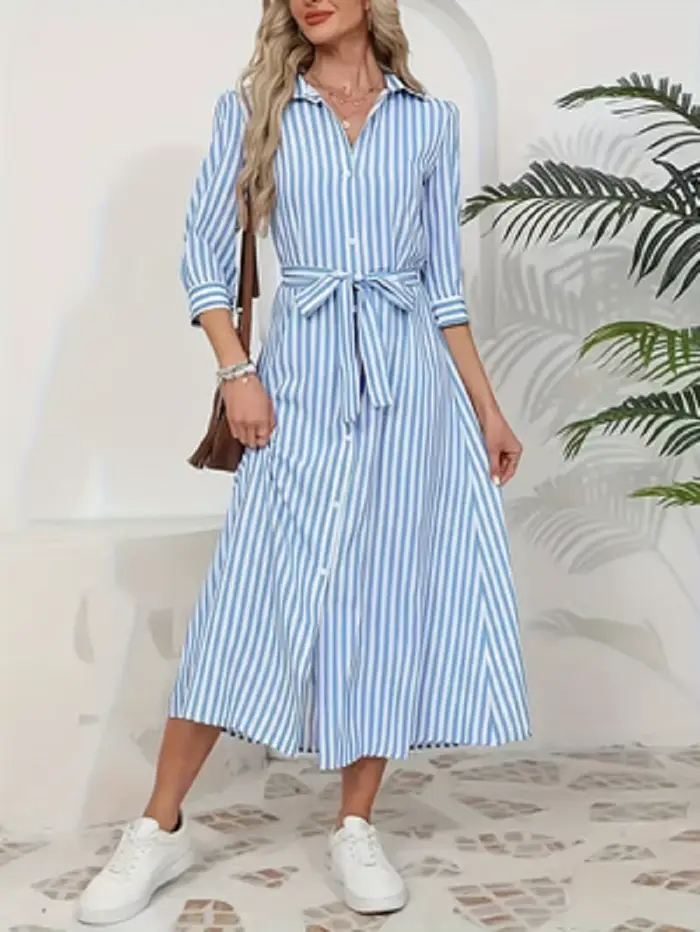 Robe chemise midi rayée verticale bleue et blanche pour femme