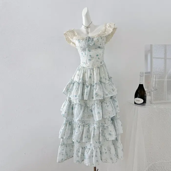 Robe de soirée longue en dentelle à fleurs françaises pour femmes, élégante et douce, manches volant