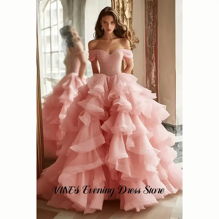 Robes de soirée rose VINES, robes de princesse à épaules dénudées, robes de bal perlées, robes de ma