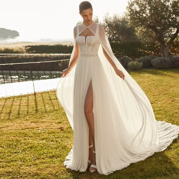 Robe de mariée sexy sur mesure avec fente latérale, robe de mariée classique en mousseline de soie, 