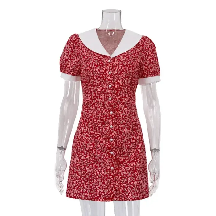 Robe moulante courte à imprimé floral style français élégante pour femmes été décontractée vintage col Peter Pan manches courtes boutonnée occassions spéciales