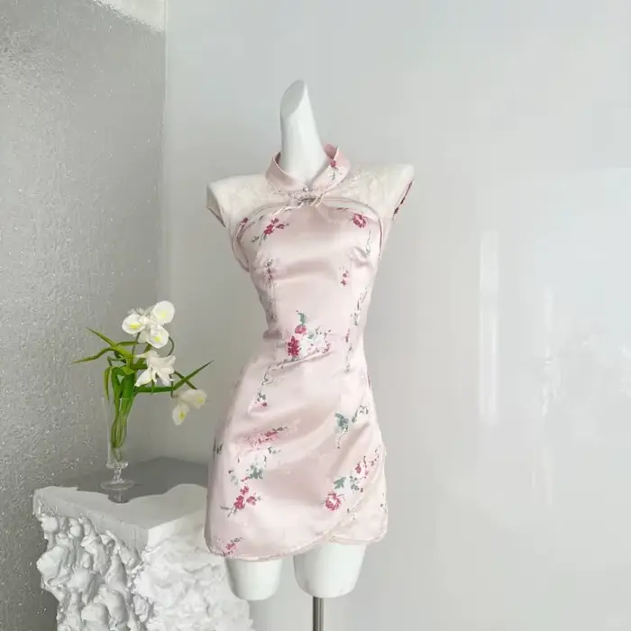 Robes élégantes à imprimé floral et patchwork de dentelle, col mandarin, taille haute, coupe ajustée