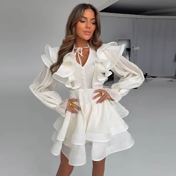 Robe Courte Femme à Volants Col V avec Nœud à la Taille Manches Bouffantes Ourlet Superposé à Volant