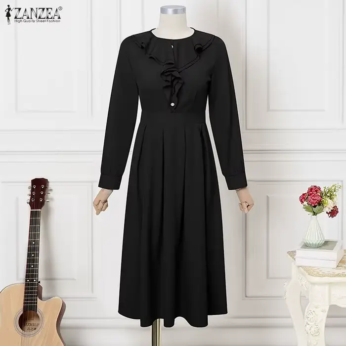 ZANZEA Robes Midi Femme Été Printemps Décontractées Manches Longues Unies Col Rond Ample Robes de So
