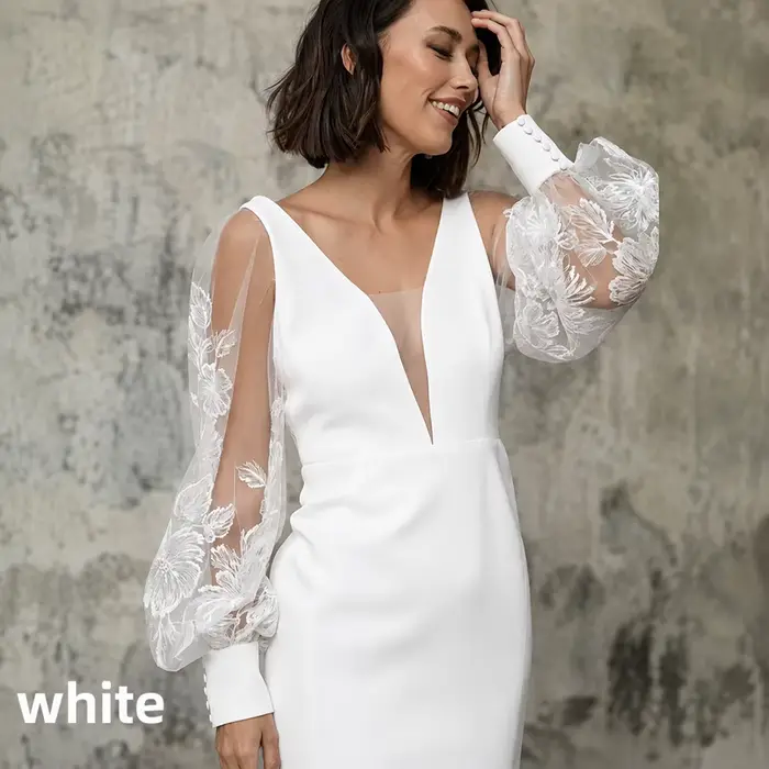 Robe de mariée courte col V manches longues bouffantes en dentelle dos ouvert mini robe satinée moul