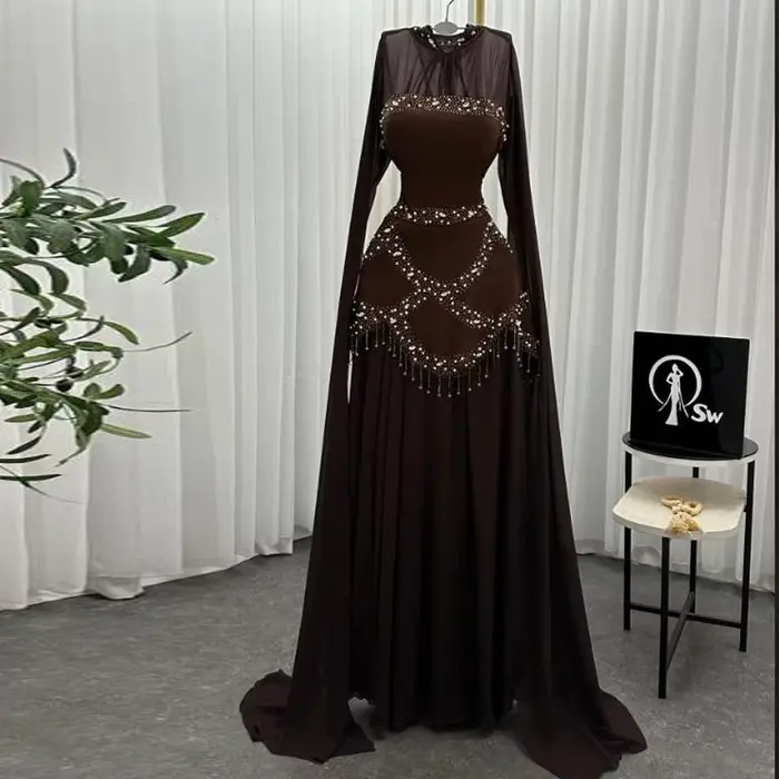 Robe de soirée formelle marron élégante avec perles et paillettes pour femmes, longueur au sol, soirée officielle, mariage, gala de charité