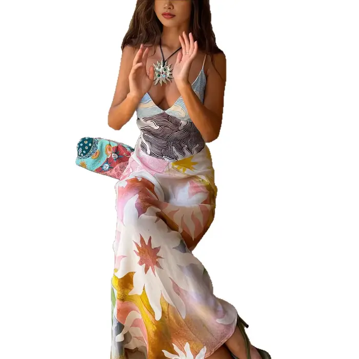 Robe en lin pour femme, imprimée, style bohème, pour le printemps et l'été, robe de plage, robe longue, tenue de vacances