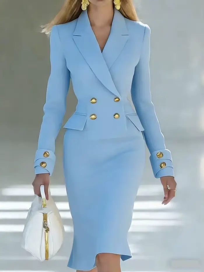 Robe Blazer élégante à double boutonnage en polyester avec col en V pour femmes, occasions spéciales, soirée décontractée, manches longues