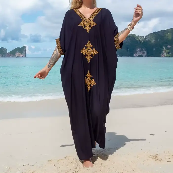 Robe de plage longue style bohème pour femme, vêtement d'été, style vintage, broderie surdimensionné