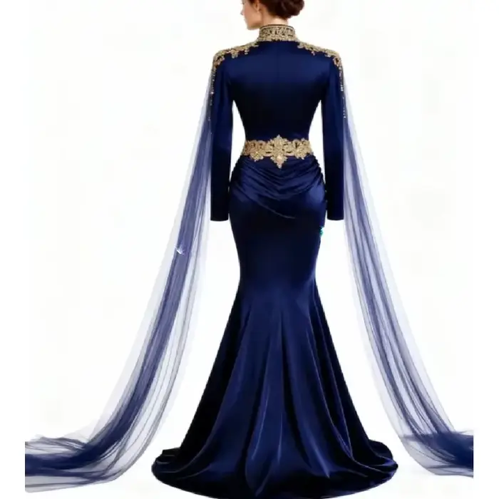 Robe de soirée marine avec Cape en dentelle dorée