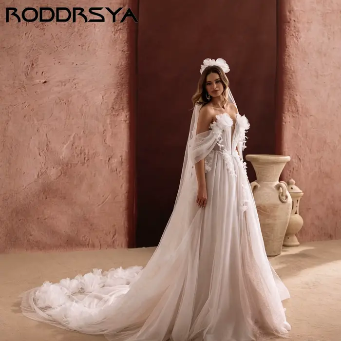 RODDRSYA Robe de mariée épaules nues décolleté cœur pour femme tulle orné de fleurs 3D fente haute modèle plage