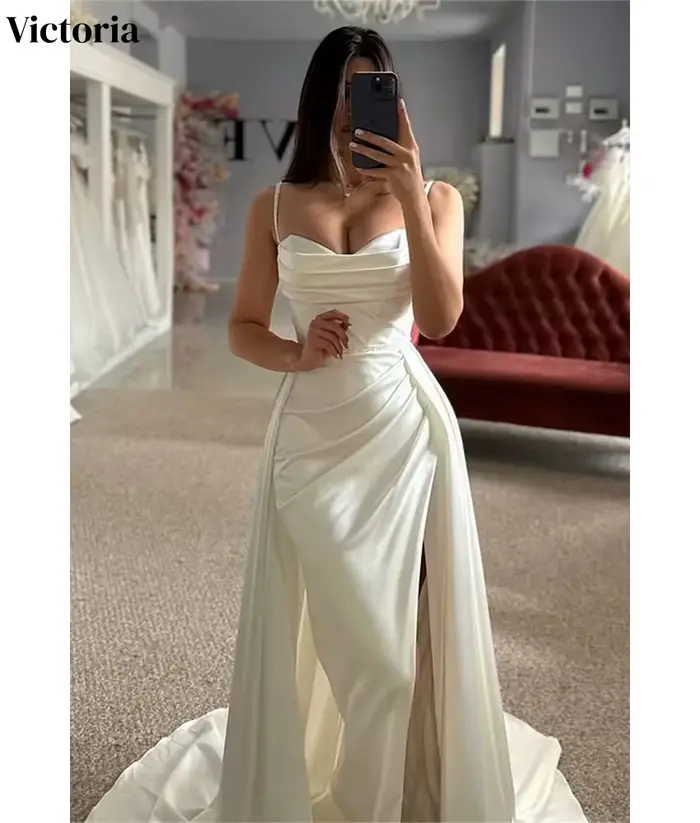 Robe de soirée sirène sexy personnalisée Victoria en satin avec bretelles spaghetti