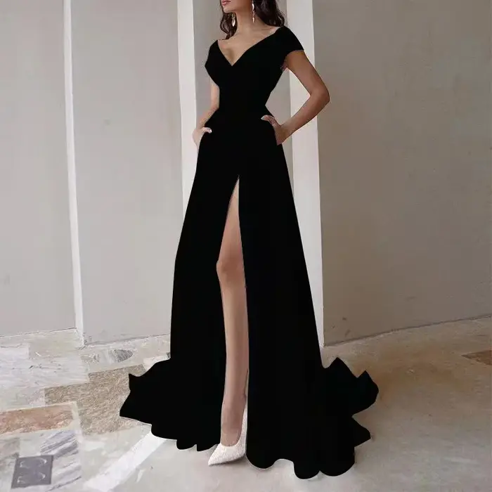Robe longue fendue à col en fibre V pour femme
