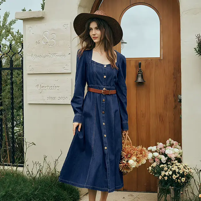 Robe en jean vintage OLrain pour femme, nouvelle collection automne 2026, col carré, taille haute, b