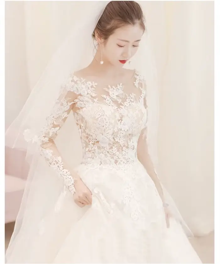Robe de mariée à lacets brodée en voile, dentelle et organza, taille personnalisée, princesse, longueur au sol, col rond, manches longues, occassion spéciale