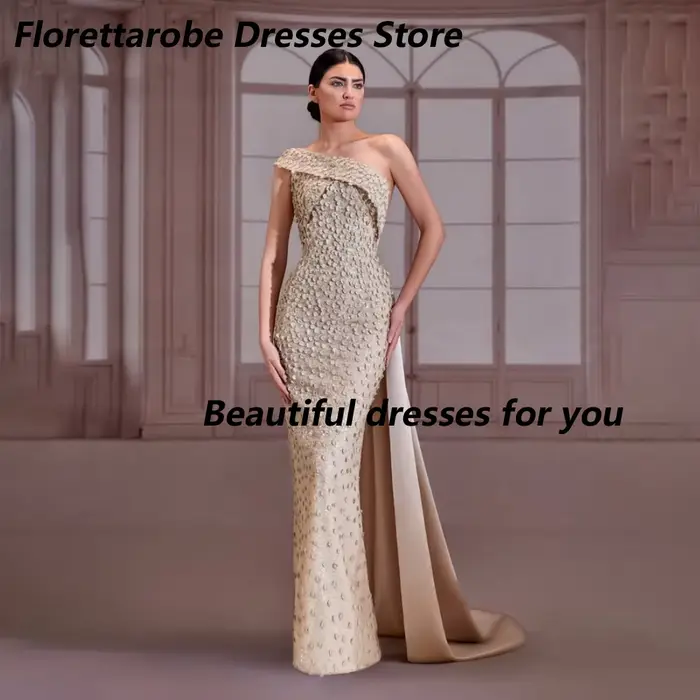 Robe de soirée sirène personnalisée blanc ivoire à épaule unique avec cristaux, dos nu, sans manches
