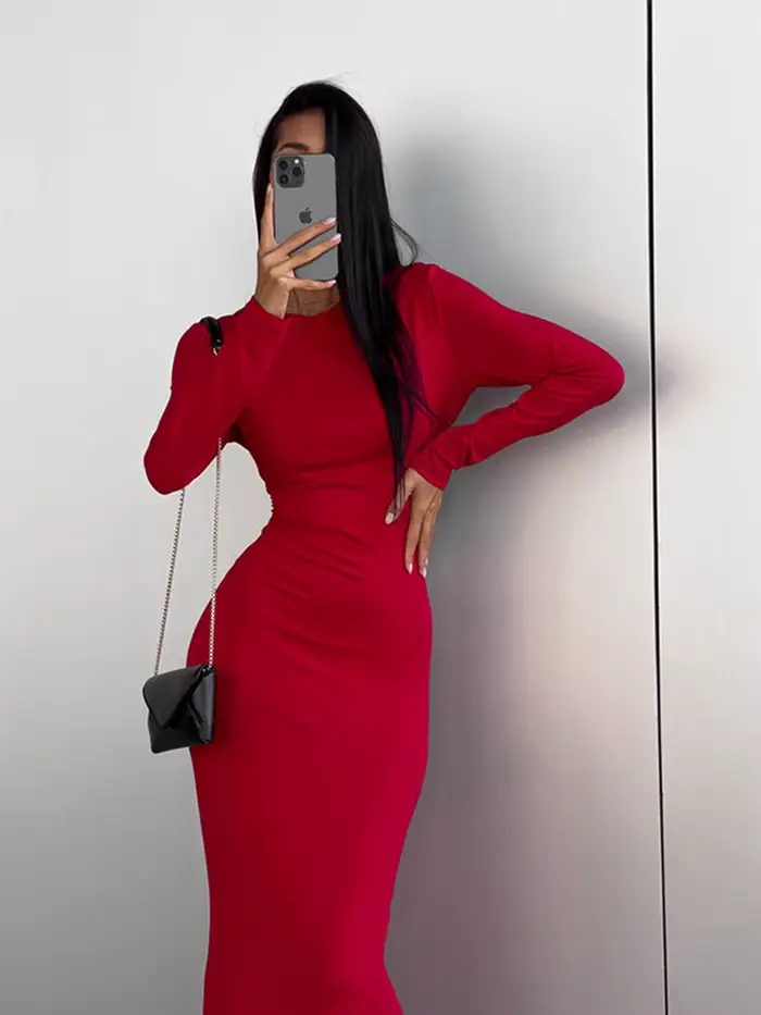 Robe de soirée glamour à manches longues col rond coupe gaine en polyester et coton pour femme style sexy club automne hiver