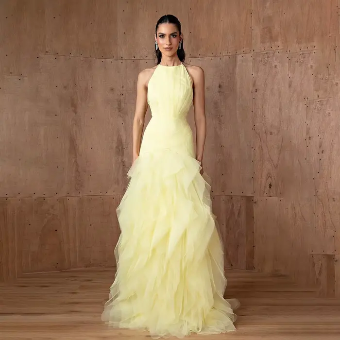 Sharon Said-Robe de Soirée Élégante Jaune à Volants pour Femme