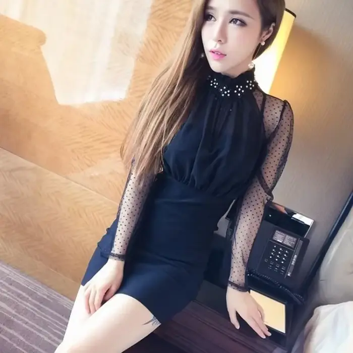 Robe de tambour sexy en polyester et coton avec perles pour femmes, silhouette gaine, col mi-haut, style coréen rétro chic, idéale pour sorties nocturnes et événements formels