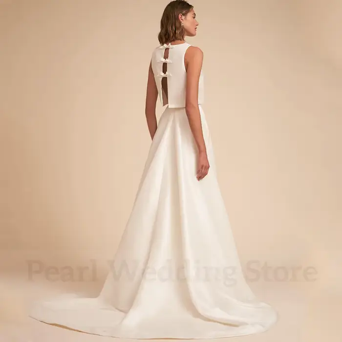 Robe de Mariée en Satin Deux Pièces, Col Rond, Corps Supérieur en Fibre, A-ligne, Longueur au Sol avec Traîne de Balayage, pour Patients, Personnalisée