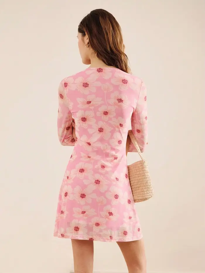 Robe courte à fleurs en résille pour femme style délicat col rond manches longues imprimé printemps été 2026 occassions spéciales sortie journée été