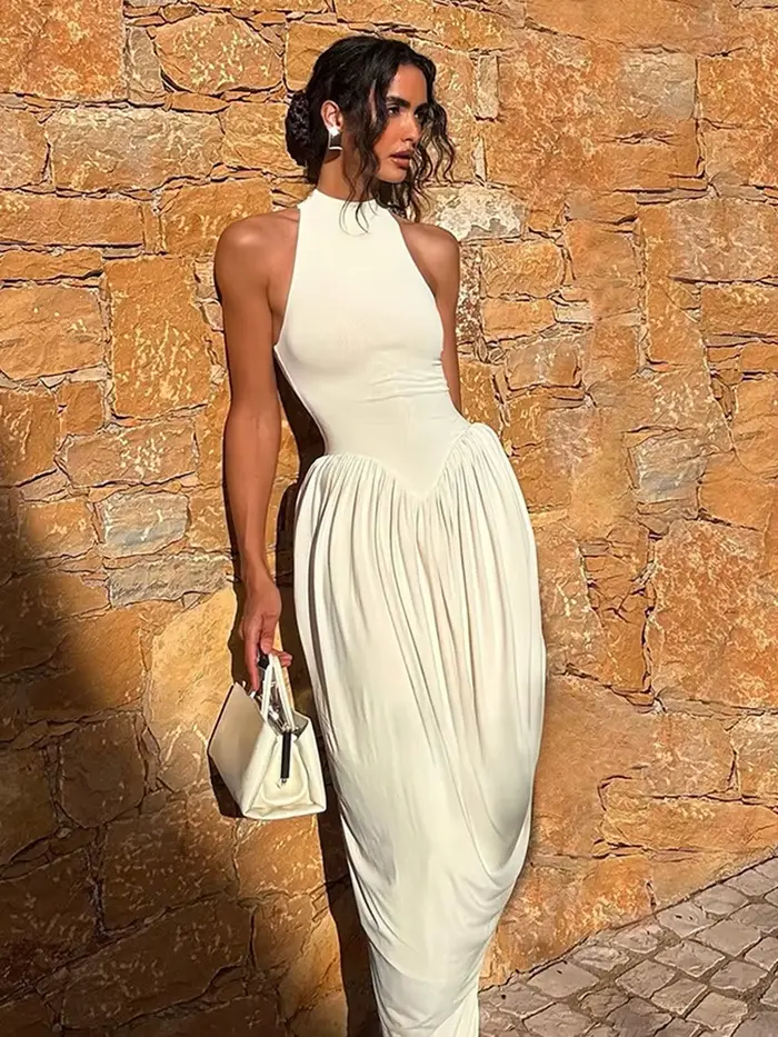 Robe longue élégante froncée Kliou pour femme, tendance estivale, col rond, épaules dénudées, dos nu, taille haute, robe décontractée quotidienne, mode Vestidos