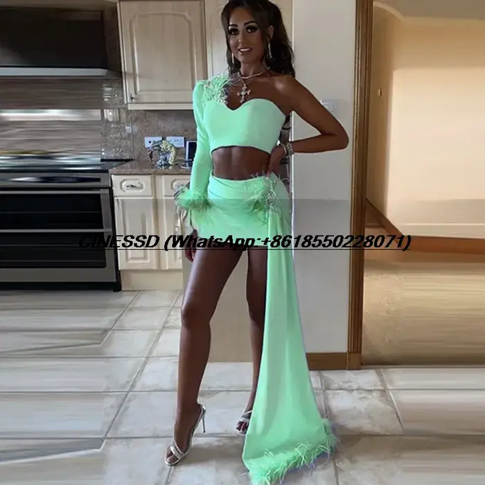 Robe de bal courte deux pièces avec appliques de plumes, manches longues asymétriques, taille ajustée, coupe fourreau personnalisée pour soirée