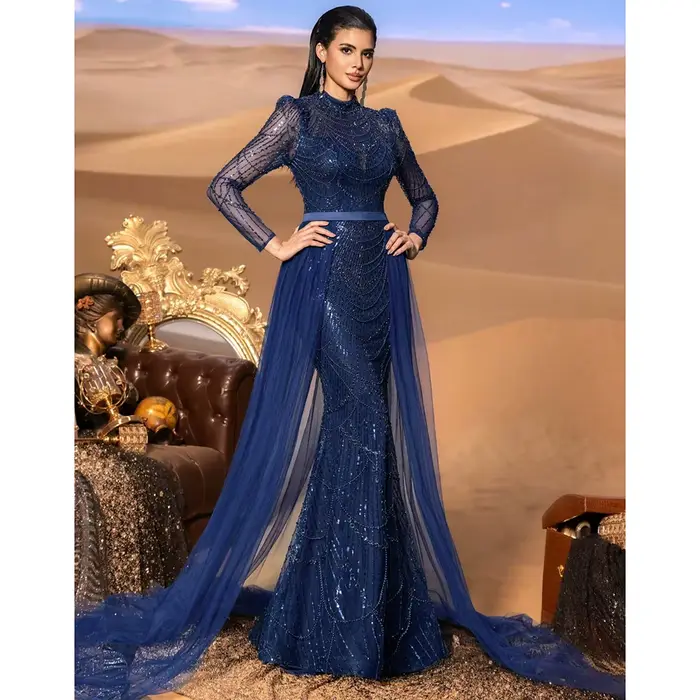 Robe de soirée élégante style sirène manches longues traîne détachable sequins pour mariage bal de promo personnalisable polyester tulle dentelle paillettes occassions spéciales