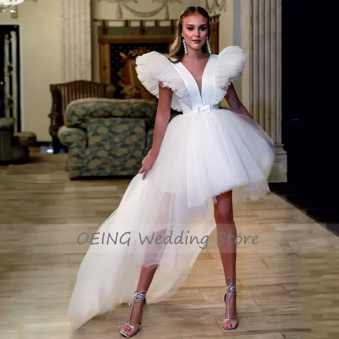 Robe de mariée courte blanche, décolleté en V profond, Mini robe de bal, pour femmes, 2022