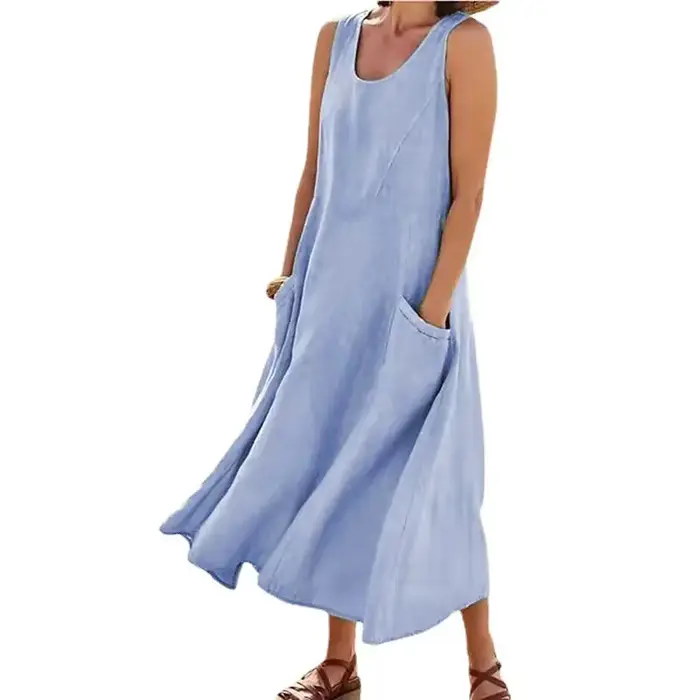 Robe élégante sans manches en coton et lin pour femmes