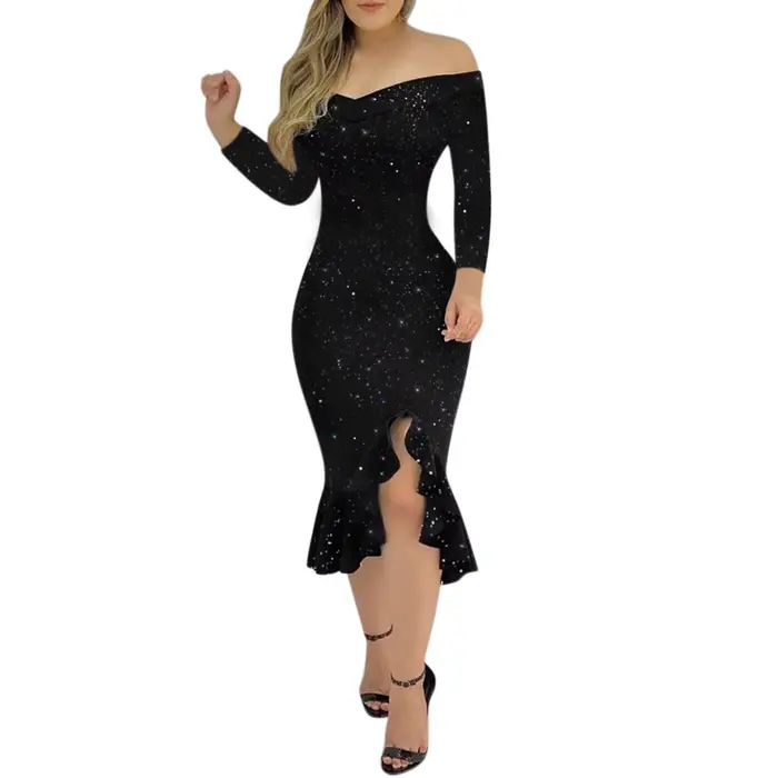 Robe de soirée à paillettes pour femmes, robe sexy, robe à volants, ourlet fendu, mince, tambour, ro