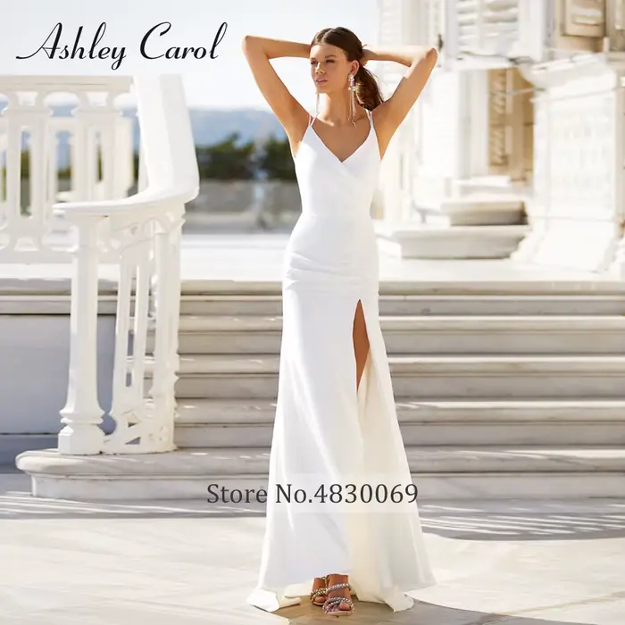 Ashley Carol-Robe de mariée fourreau en mousseline de soie, robe de Patients à ourlet fendu, col en V, dos nu croisé, bretelles spaghetti, charmante mariée