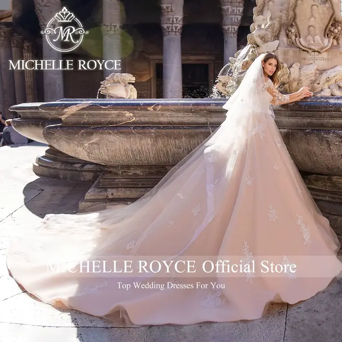 Robe de mariée Michelle Royce en coton polyester soie mousseline élégante avec appliques dentelle paillettes pour femmes occasions spéciales grand jour