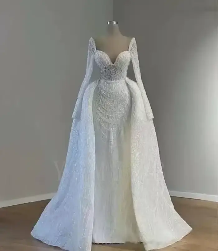 Robes de mariée sirène élégantes et luxueuses, ornées de perles, dentelle, traîne détachable, manche