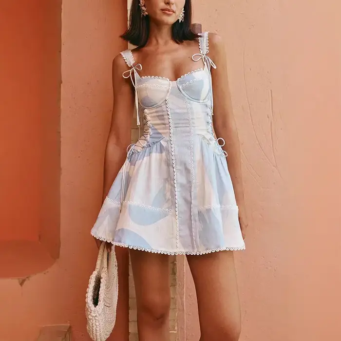 Mode imprimé robe courte femmes dames sans manches dos nu Club robe d'été sangle Mini robes femme ét