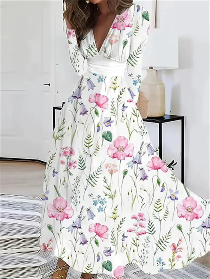 Robe longue élégante à imprimé floral pour femmes, Sexy, col en v, manches longues, mode, robe de ba